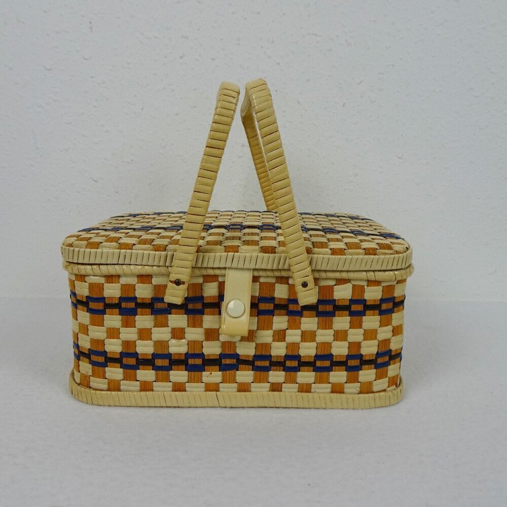 Vintage Wicker Woven Sewing Box Basket Beige Tan Ratan Lined